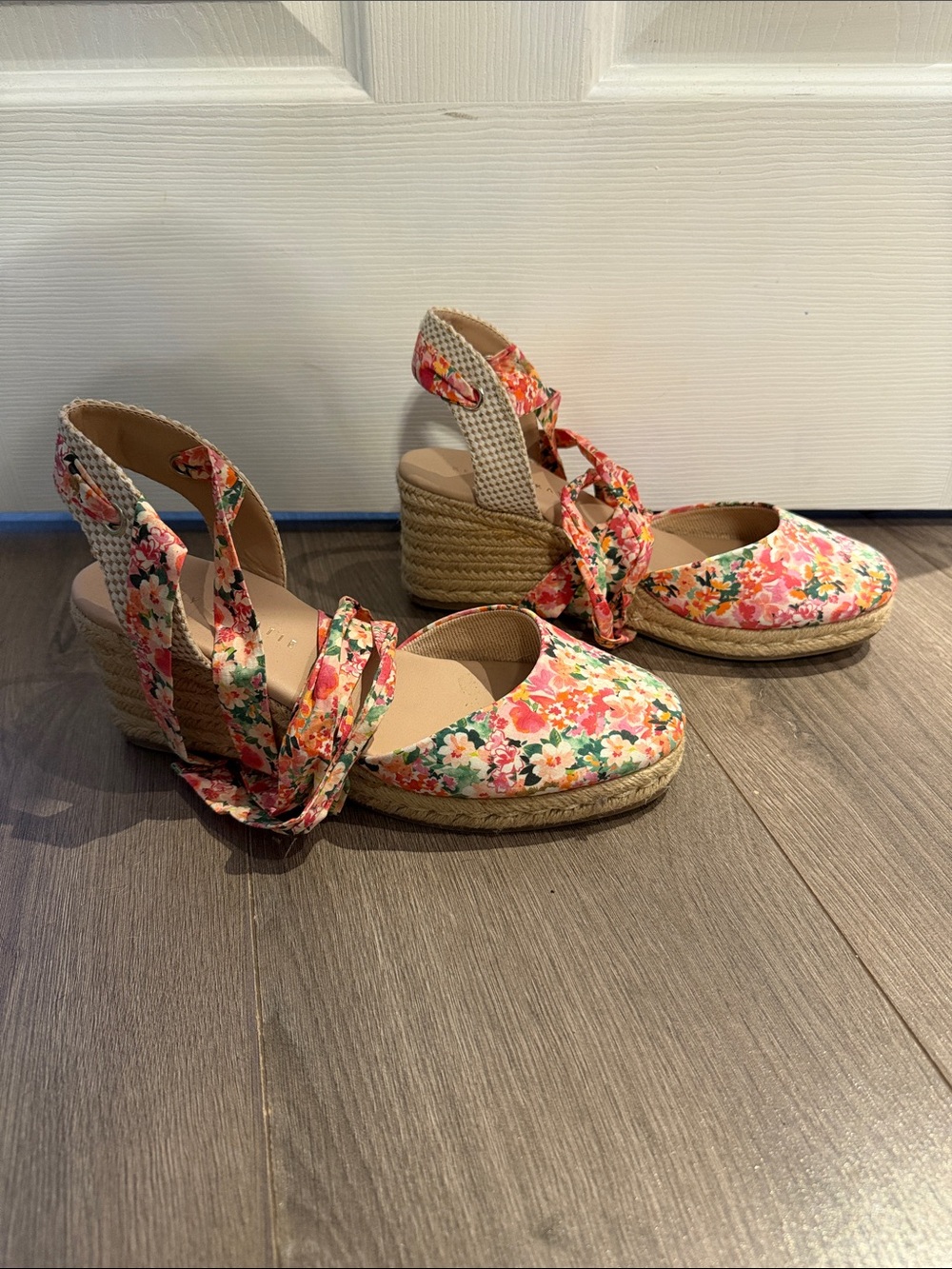 Kelly & Katie Floral Tie-Wrap Espadrille Wedges - Pink Green